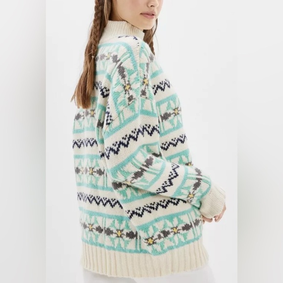 American Eagle Mock Neck Fair Isle Oversized Sweater Cozy Comfy Mint Green Cream - Picture 1 of 11